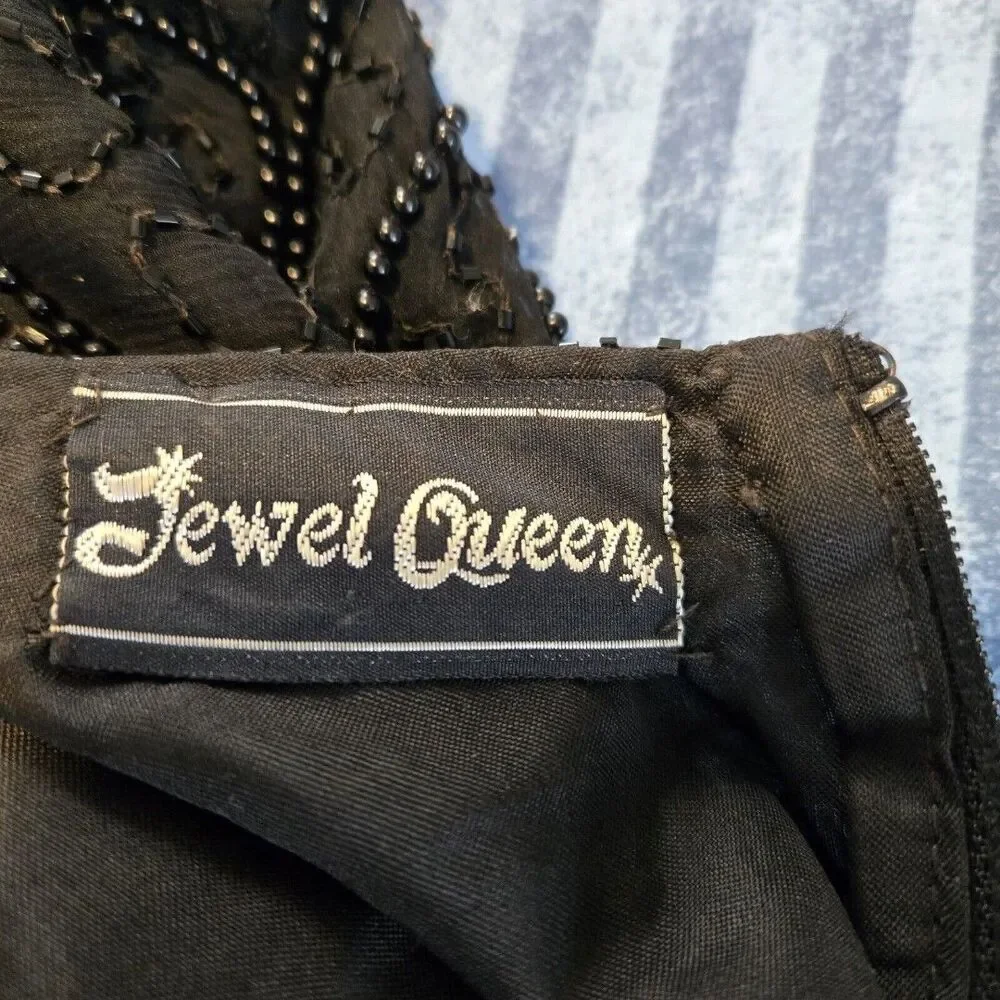 Vintage Jewel Queen 100% Pure Silk Beaded Dress Black Hand Embroidered SZ 8